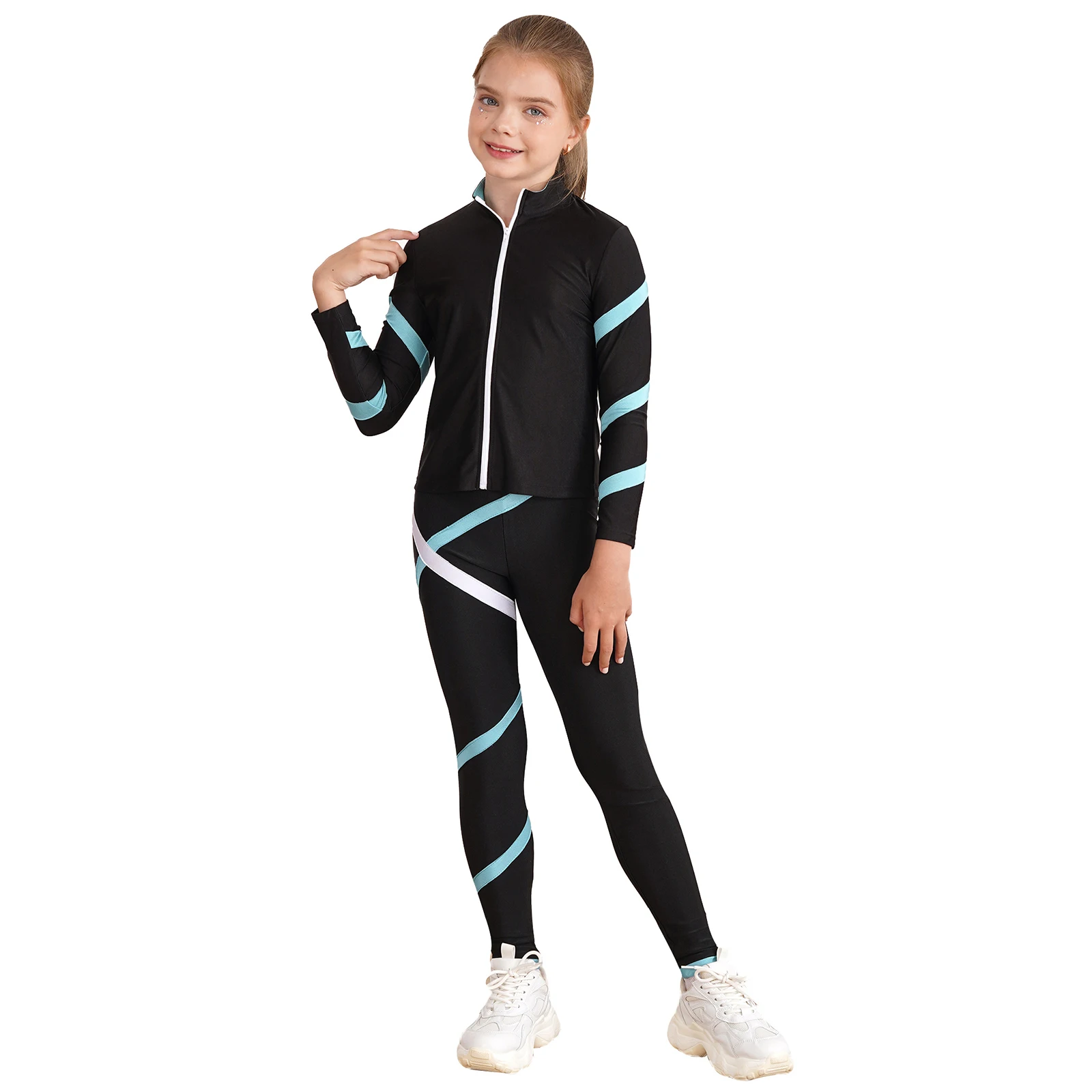 Kids Girls Lightweight Figure Ice Skating Jacket Striped Skating Pants Rhinestones Professional Ice Skating Training Suit