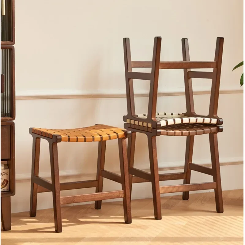 Vintage Woven Dining Chairs Square Home Shoe Changing Stool Saddle Leather Dressing Seat Solid Wood Frame Home Furniture