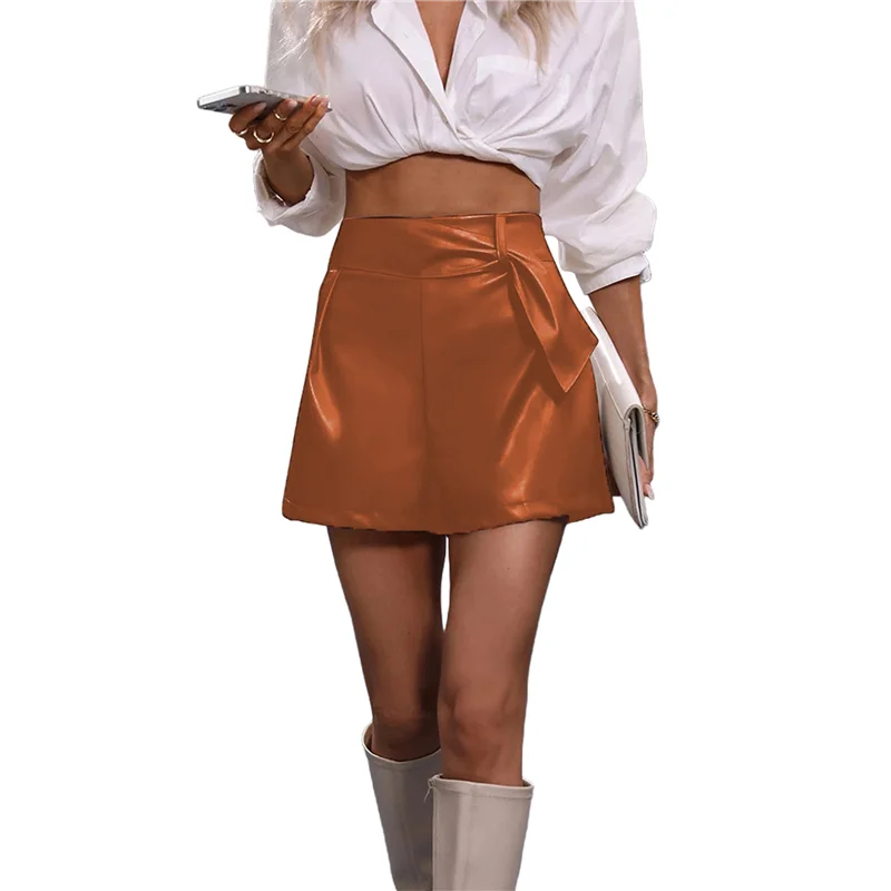 

ABRT-Leather Skirts For Women High Waisted PU Leather Shorts Elastic Waist Ruched Wrap Skirt