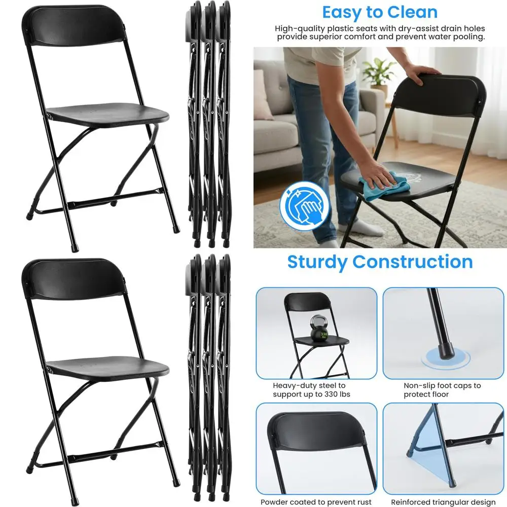 4-Pack Folding Chairs Plastic, Foldable Stackable Portable Chairs with Metal Frame 330lb Capacity, for Indoor Outdoor Use, Comme