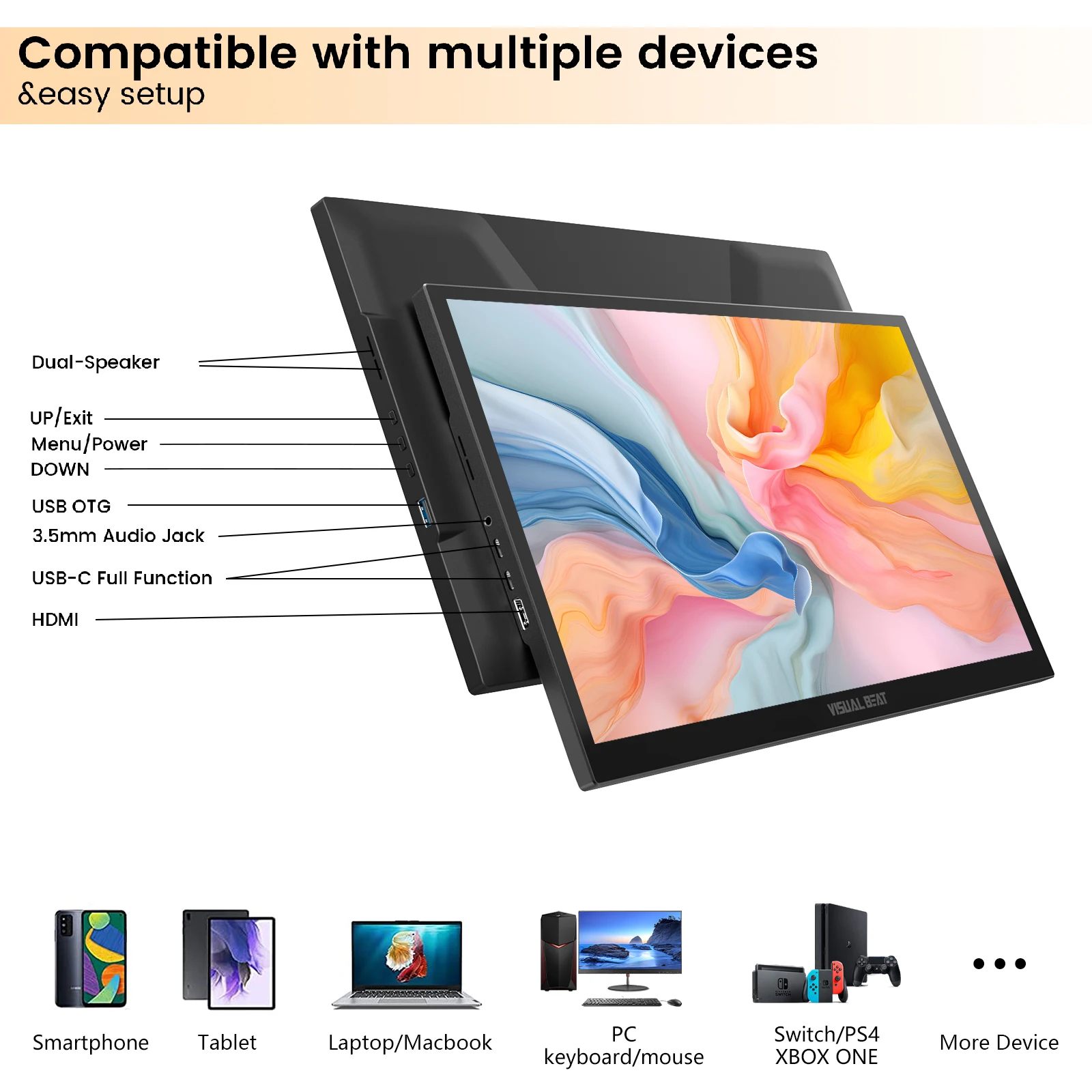 Imagem -04 - Visual Beat-monitor Portátil Touch Screen 17.3 1080p Fhd Ips Usb-c Display com Usb 2.0 Hdmi Alto-falantes Duplos para Laptop pc