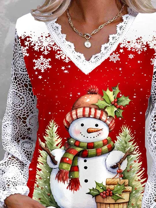 Plus Size Women Long Sleeve V-neck Snowman Printed Graphic Lace Christmas Tops