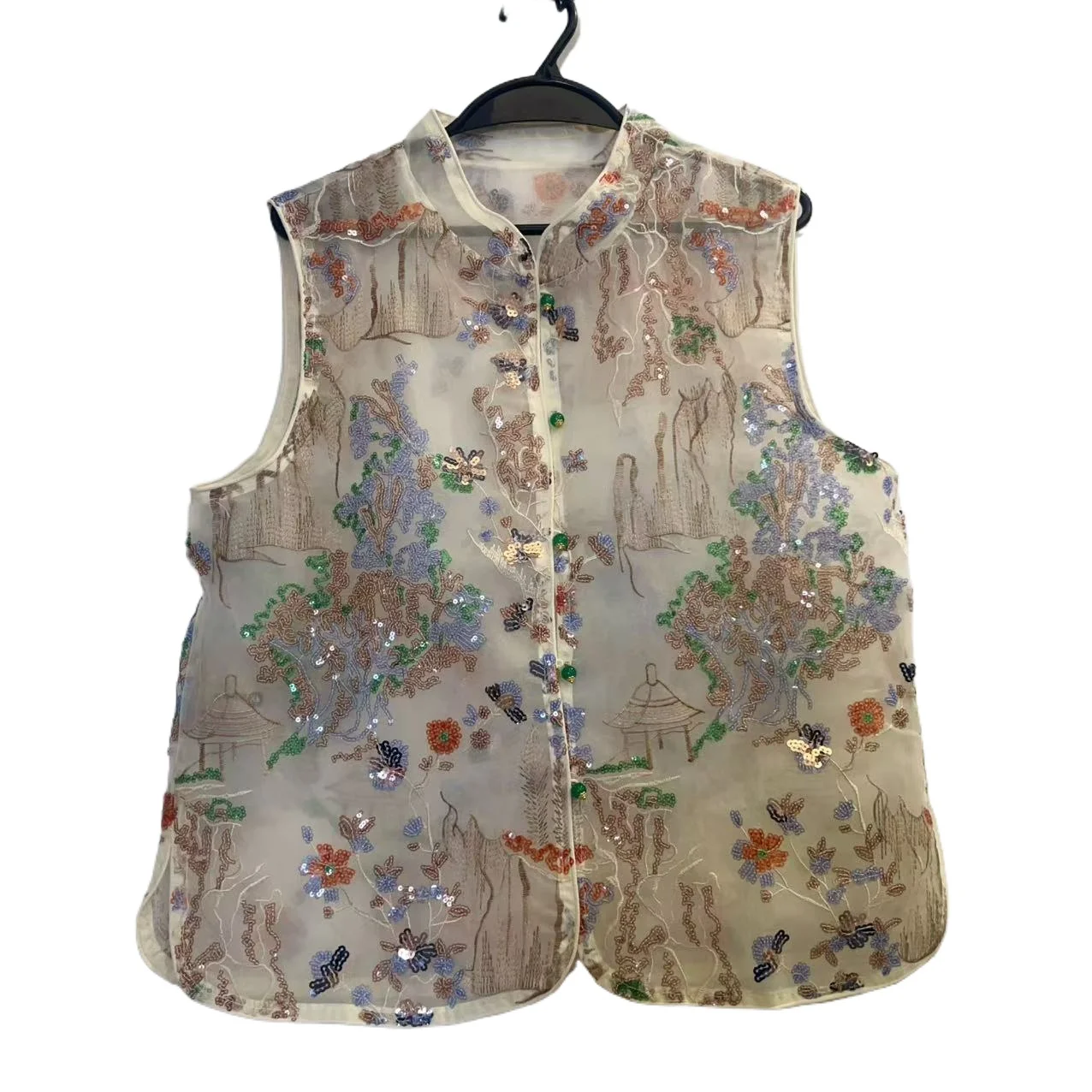Summer Chinese Style High Slimming Fkowers Embroidered Sequined Gauze Waistcoat Stand Collar Pan Buckles Mesh Vest Cardigan Tops
