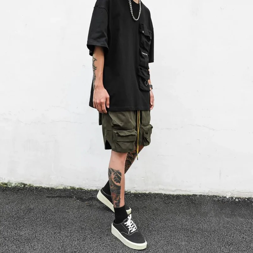 Mens Clothing 2024 Summer New Fashion Street Retro Army Green Drawstring Functional Pocket Loose Casual Cargo Shorts for Men