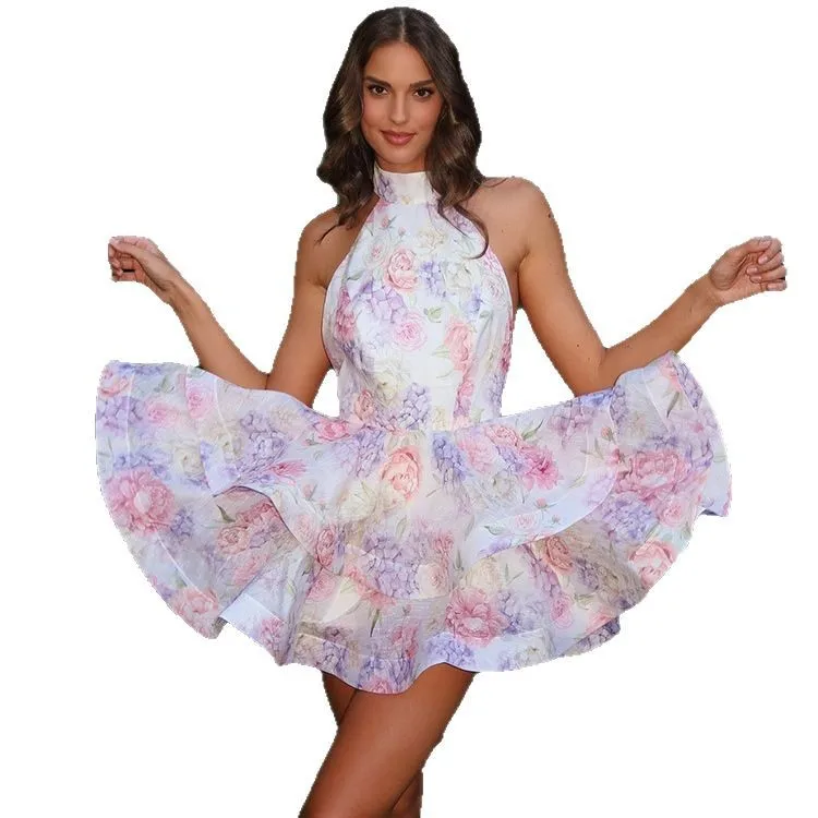 Summer new sweet print waist dress short skirt floral stand-up collar fashionable sexy printed chiffon tight silk princess dress