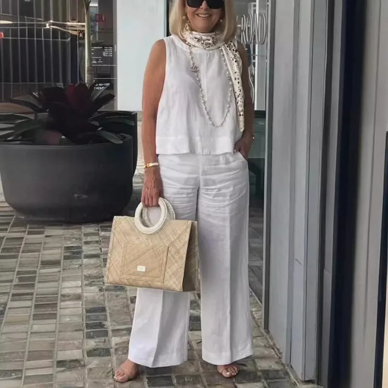 

Women's Sleeveless Solid Color Linen Cotton Two Piece Set Casual Wide Leg Pants Outfit