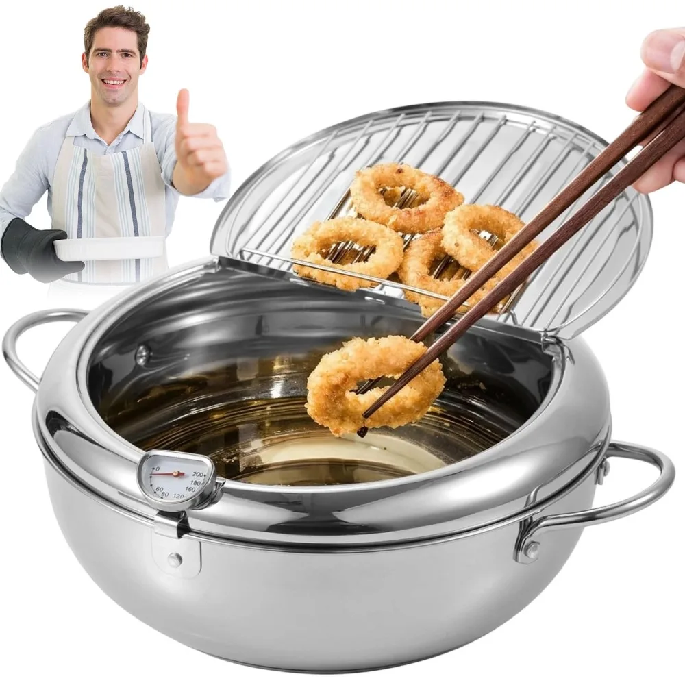 Poêle à friture profonde en acier inoxydable de style japonais de 20 cm, avec grille de drainage d'huile intégrée, friteuse multifonction, compatible avec les cuisinières à gaz, à induction, électriques et en céramique.