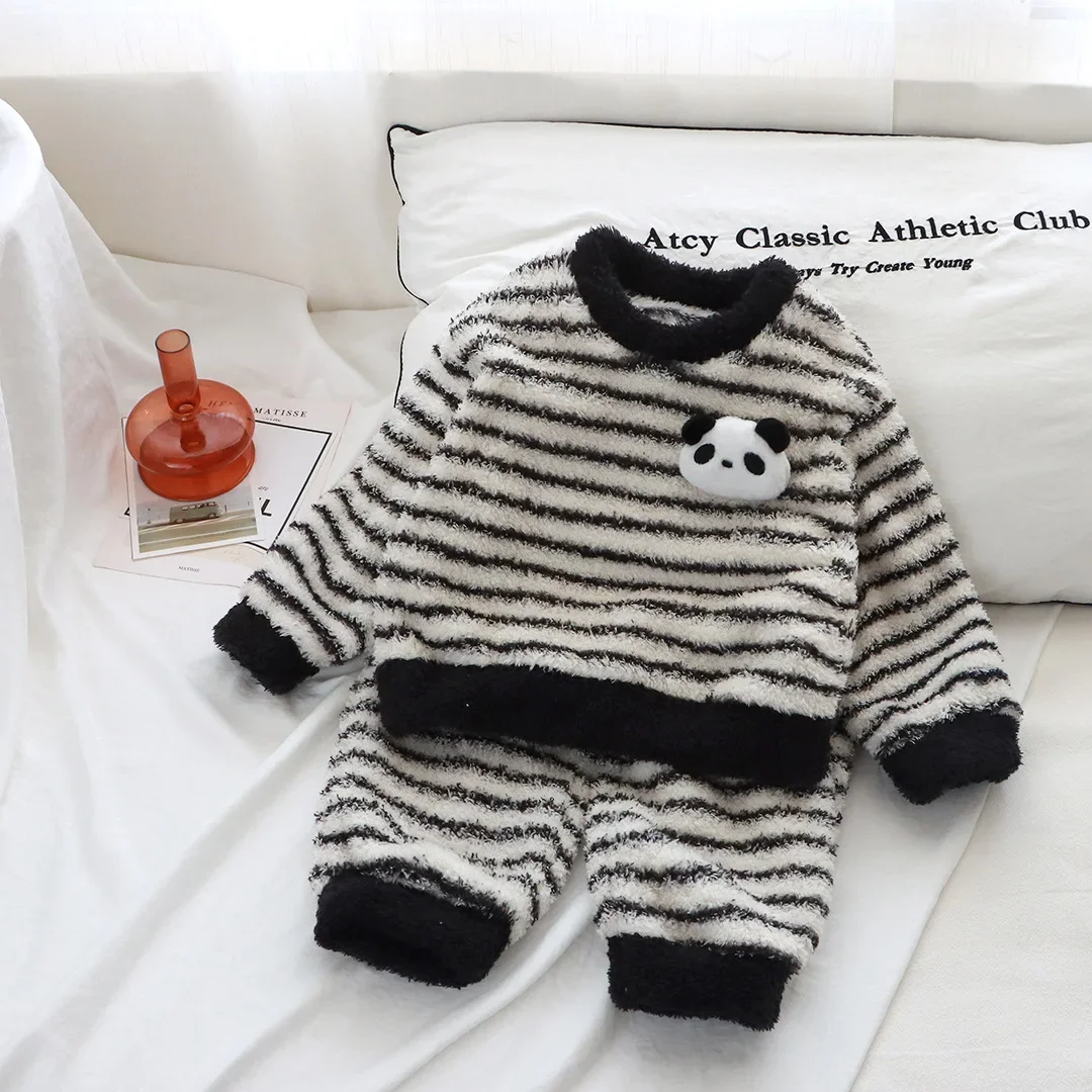 New Autumn Winter Kids Thicken Fleece Pajamas Boys Girls Cute Cartoon Panda Striped Pullover Homewear Child Casual Clothing Sets