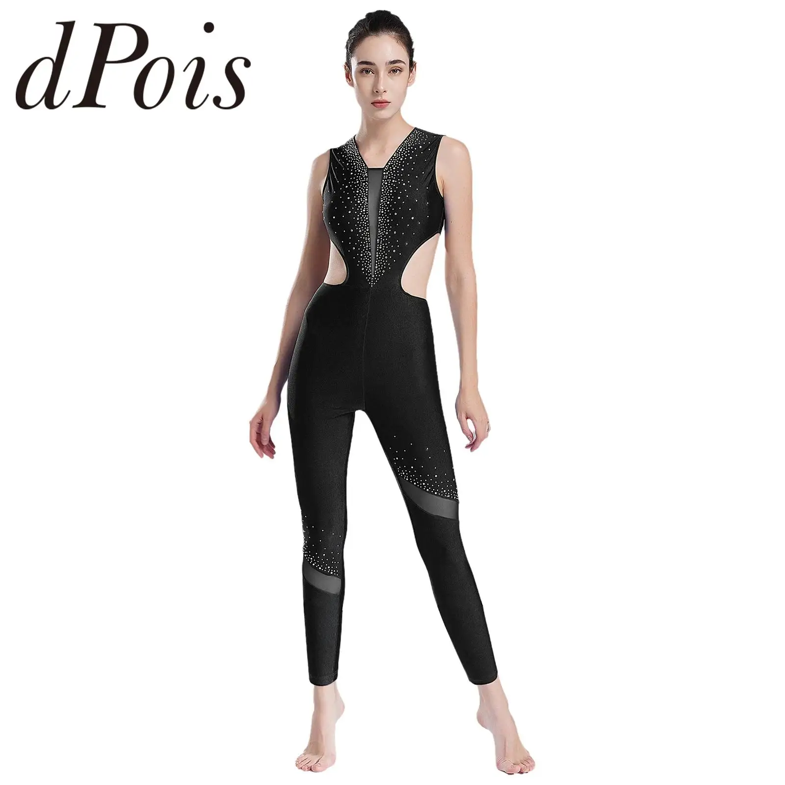 Womens Rhythmic Gymnastics Jumpsuit Cutout Back Sleeveless Acrobatics Bodysuit Ballet Tutu Dance Leotard Figure Skating Costume