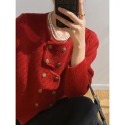 Fashion Red French Elegance Double Breasted Knit Cardigan Simple Design High-End Texture Women New Autumn Winter Sweater Coat