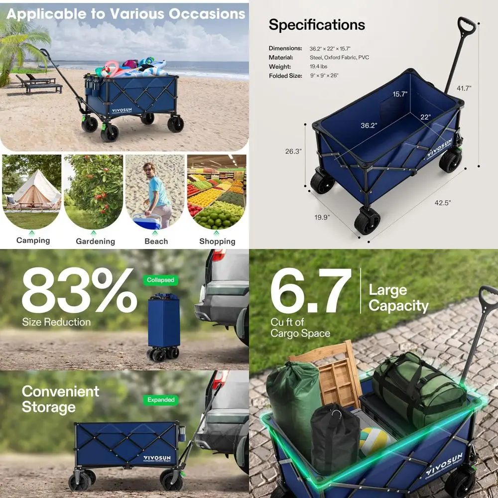 

Folding Utility Wagon for Outdoors with Silent Beach Wheels, Adjustable Handle, Cup Holders, Side Pockets, Ideal for Camping, Be