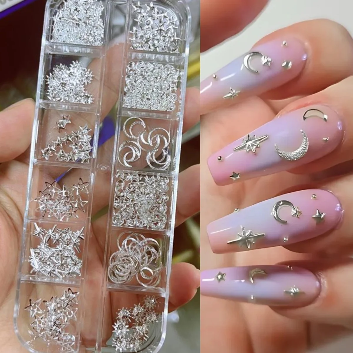 12 Grids Silver Star Moon Pentagram Nail Metal Rivets Studs 3D Tips Slice FlatBack Nail Charms Glitter Nails Jewelry Accessories