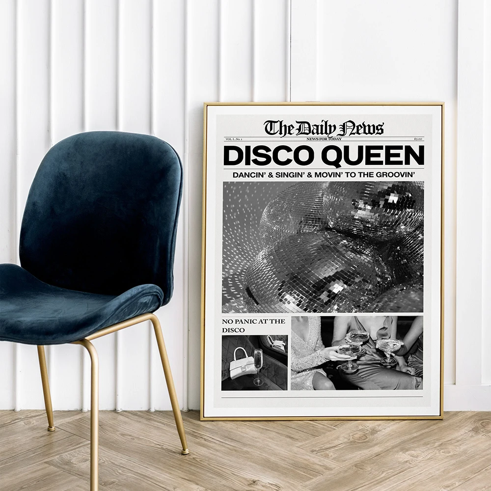 

Trendy Newspaper Art Print Disco Queen Poster Typography Bar Cart Canvas Painting For Entryway or Living Room Decor