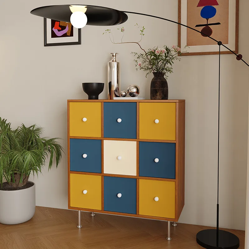 Medieval Bauhaus solid wood nine-chest cabinet poplar color matching storage side cabinet bedroom drawer cabinet dining side