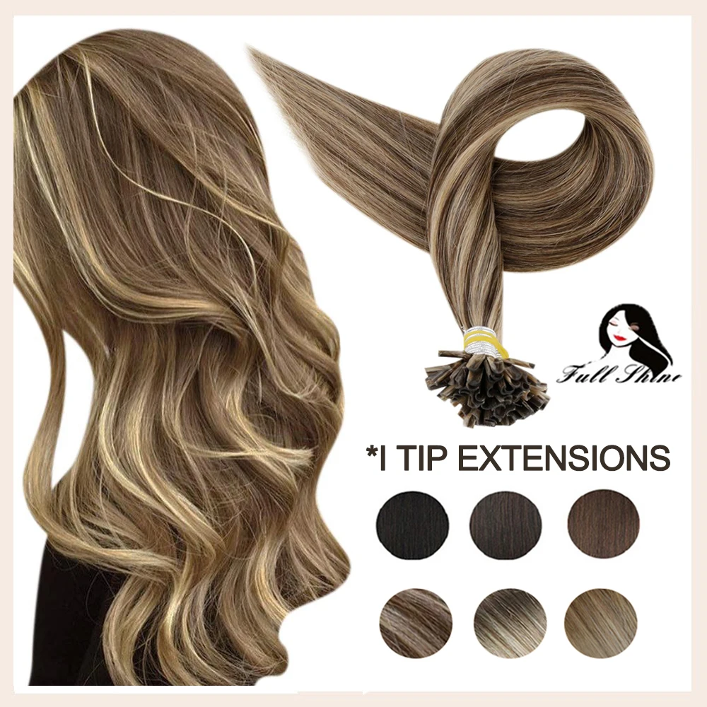 Full Shine Nail Tip Hair Extensions Fusion Hair Balayage Color Keratin Glue Beads Prebonded U Tip Human Hair 40-50g Machine Remy