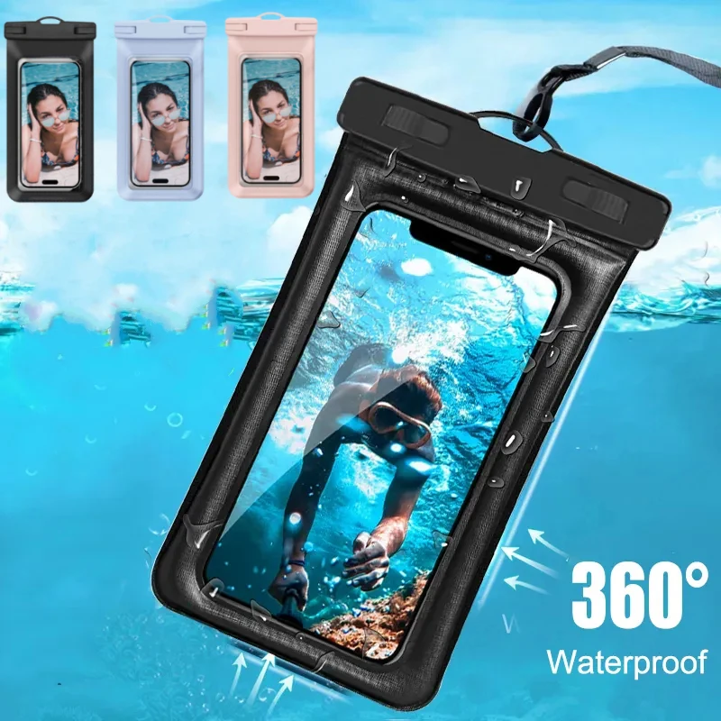 Universal Floating Airbag Waterproof Swimming Bag Phone Case & Strap For iPhone 16 15 14 13 Pro Max Samsung Xiaomi Huawei Cover