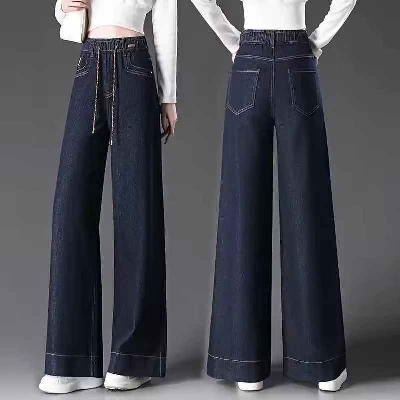 

Autumn Retro Femme Large Size 4XL Wide Leg Denim Pants Ladies Elastic Waisted Cowboy Trouser Women High Waist Straight Leg Jeans