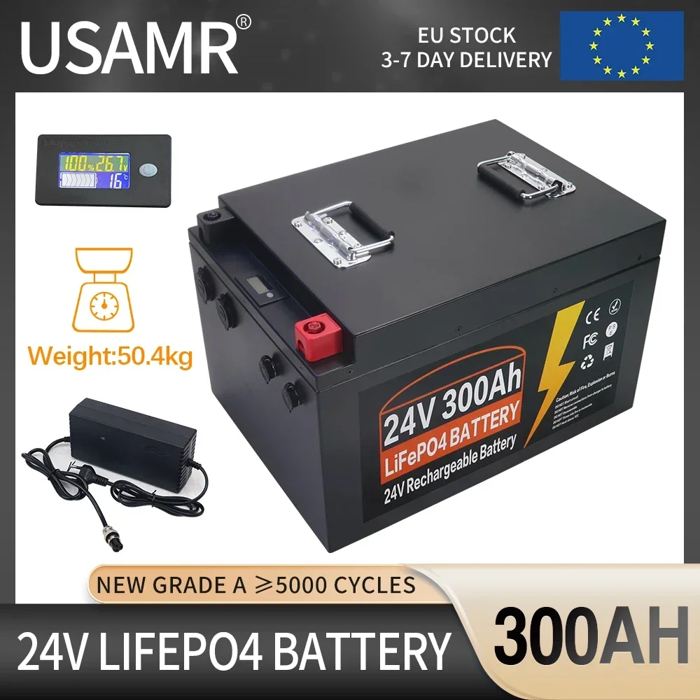 24V 100Ah 250Ah 300Ah LiFePo4 Battery Built-in BMS Lithium Iron Phosphate Cells Pack 5000 Cycles For RV Campers Golf Cart Solar