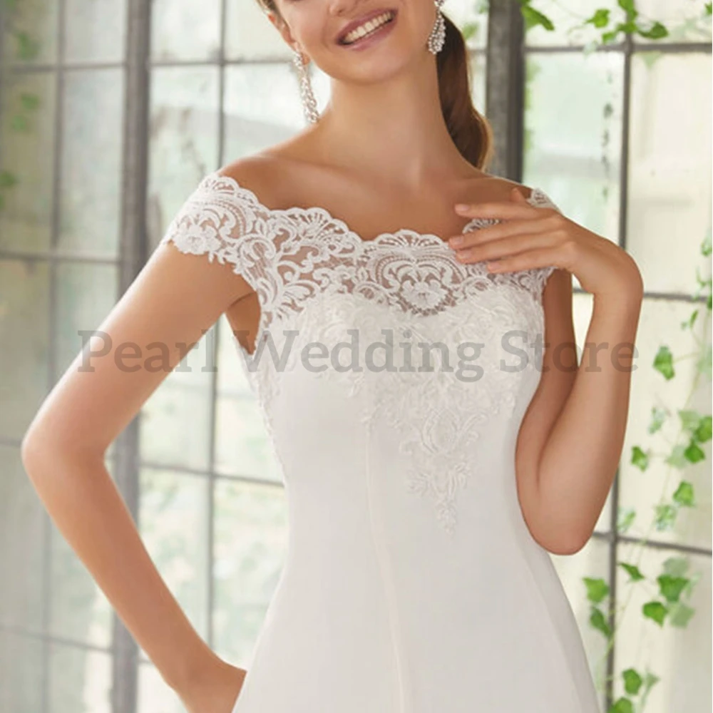 Pmwrun Elegante Trouwjurk Uit De Schouder Applicaties Simple Bodem Op Back Brush Trein Bridal Kerk Formele Trouwen Gown