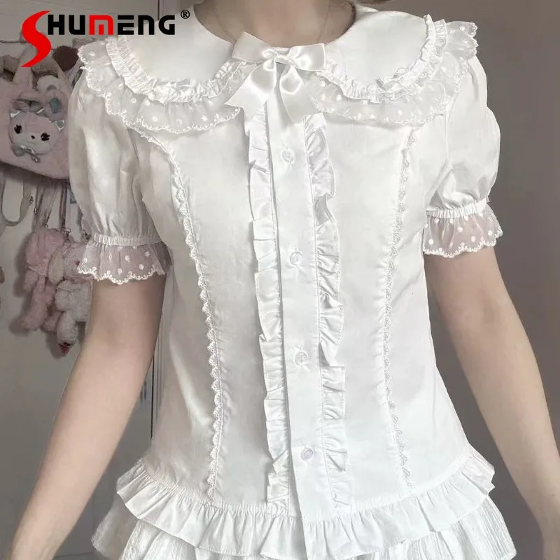 

2025 Summer Design Top Blusas Sweet Lolita Cute Bow Lace Patchwork Cute Kawaii Y2k Shirt Single-breasted Short-sleeves Blouse