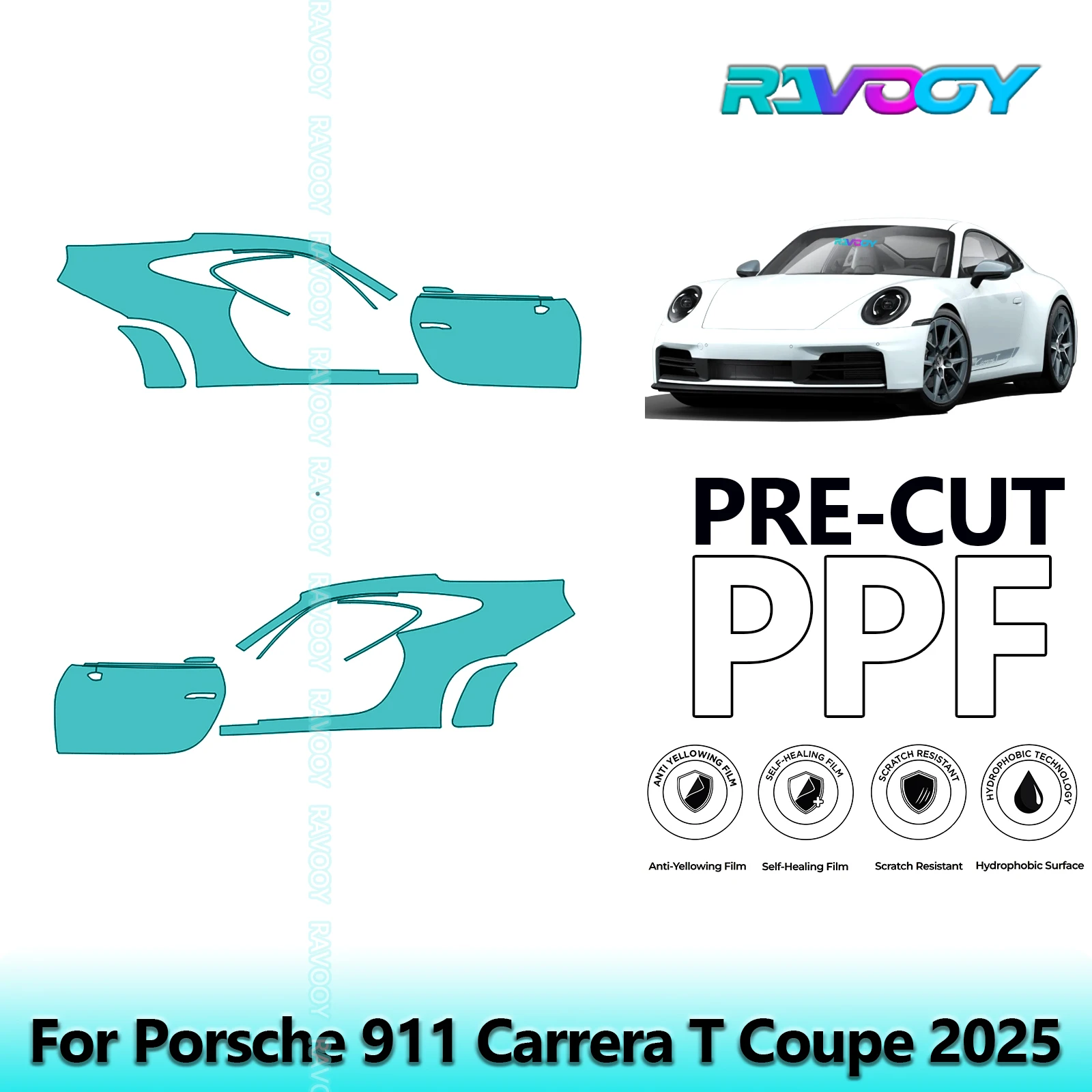 

For Porsche 911 Carrera T Coupe 2025 8.5mil Clear Matte Pre-Cut PPF Door & A/B Pillar Kit TPU Paint Protection Film Set