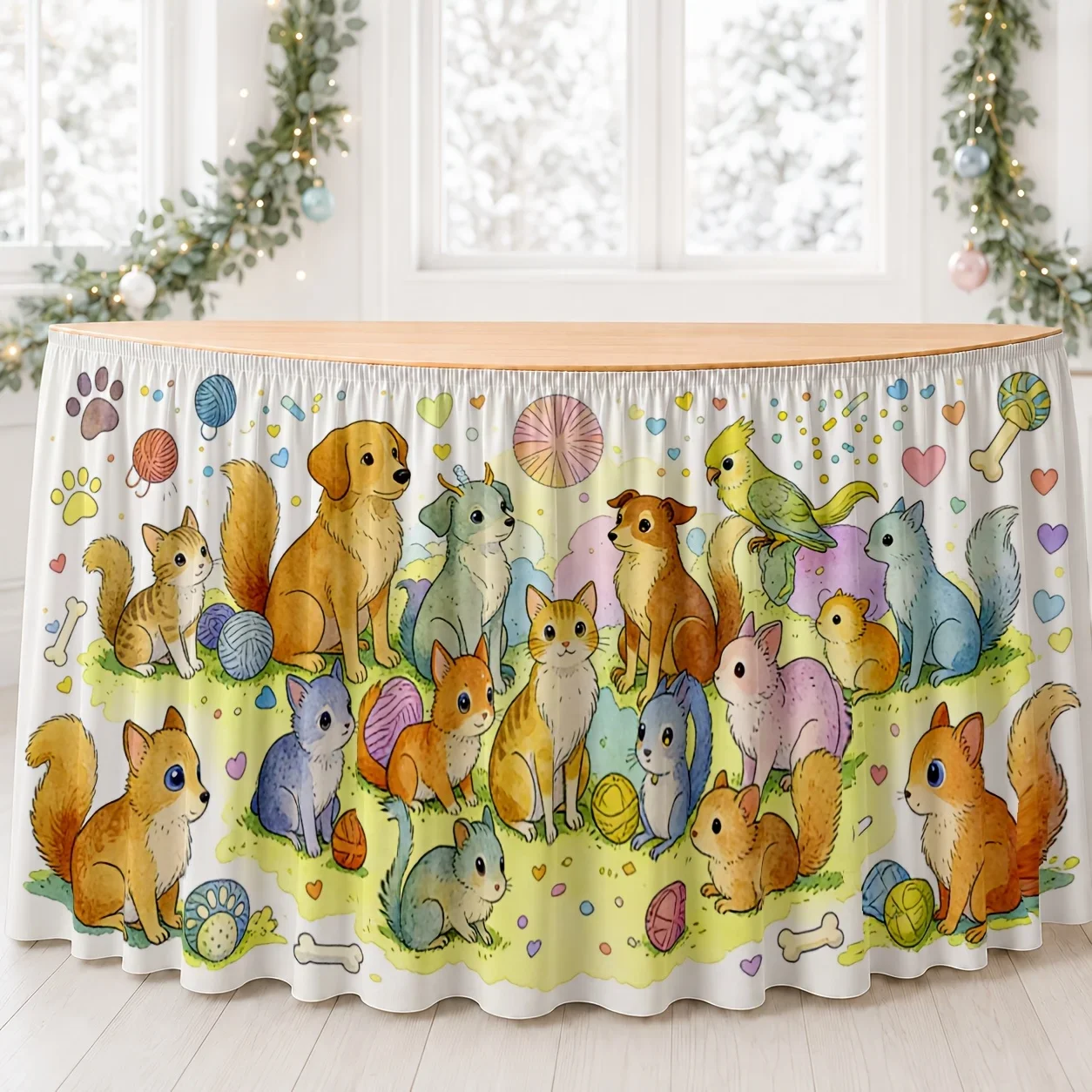 1 piece of tablecloth. Animal friend print tablecloth. Polyester. Fun. Imagination. Cute. Cartoon style. Restaurant.