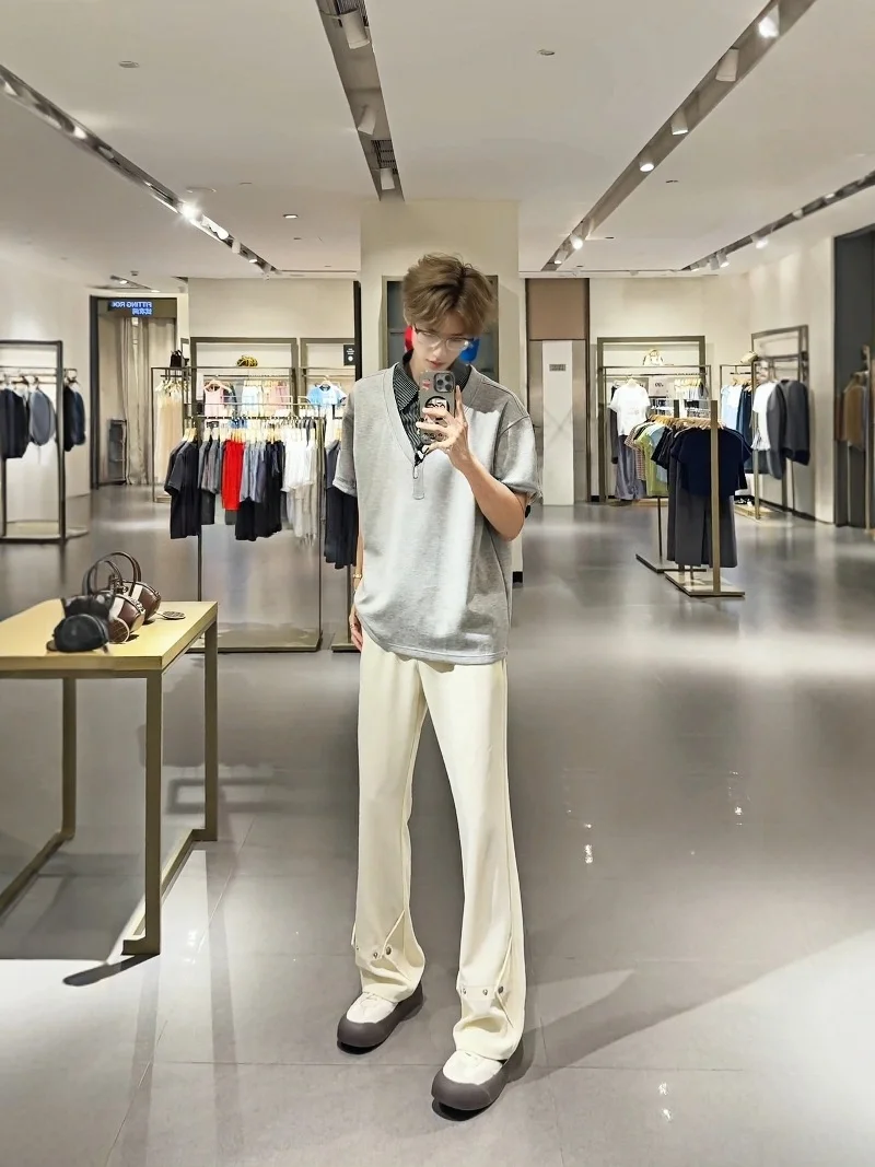 

Cleanfit Light Beige Micro Flared Ice Silk Men's Summer Rivet Design High Waist Straight Leg Pants Casual Trousers for Teens