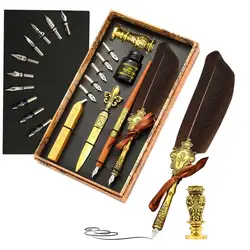 Juego de tinta de pluma Quill, pluma de caligrafía Vintage para escribir, juego de tinta de pluma, pluma de inmersión, puntas de repuesto de tinta