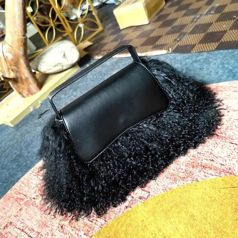 

Jxwatcher Luxurious Fashion Leather Handbag with Fur Autumn Winter Fluffy Real Mongolian Sheep Fur Bag Casual Evening Party Bags