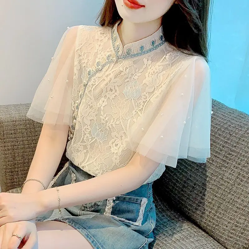 Fashion Short-sleeved Chiffon Shirt for Women in Summer New Lace Hook Cheongsam Style Top Chic and Beautiful Small Shirt