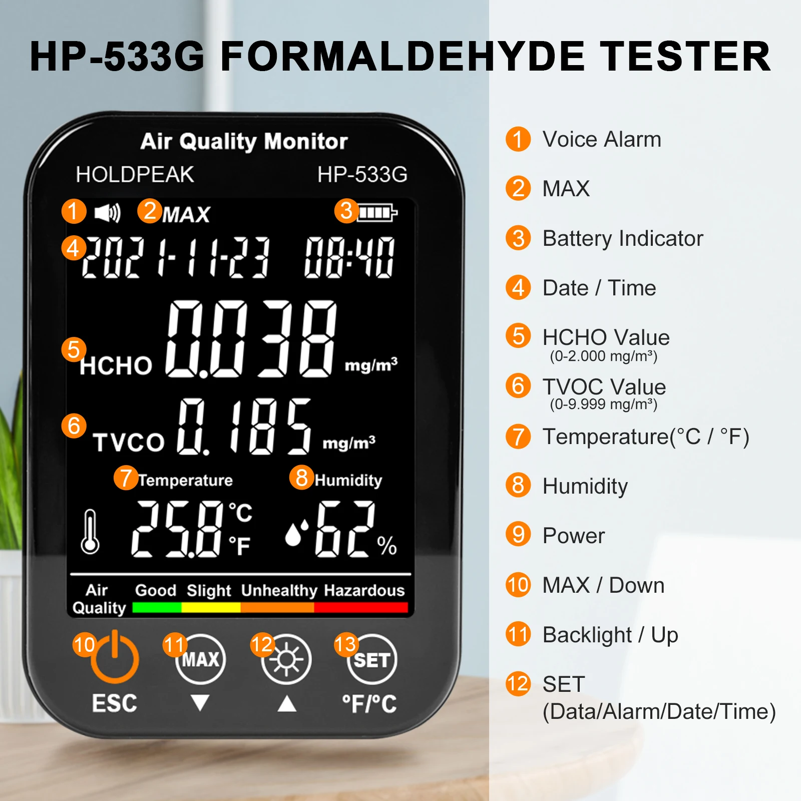 Profesjonalna przenośne powietrze Holdpeak Monitor jakości formaldehyd HCHO toc wilgotność czujnik temperatury w czasie rzeczywistym Auto rekord