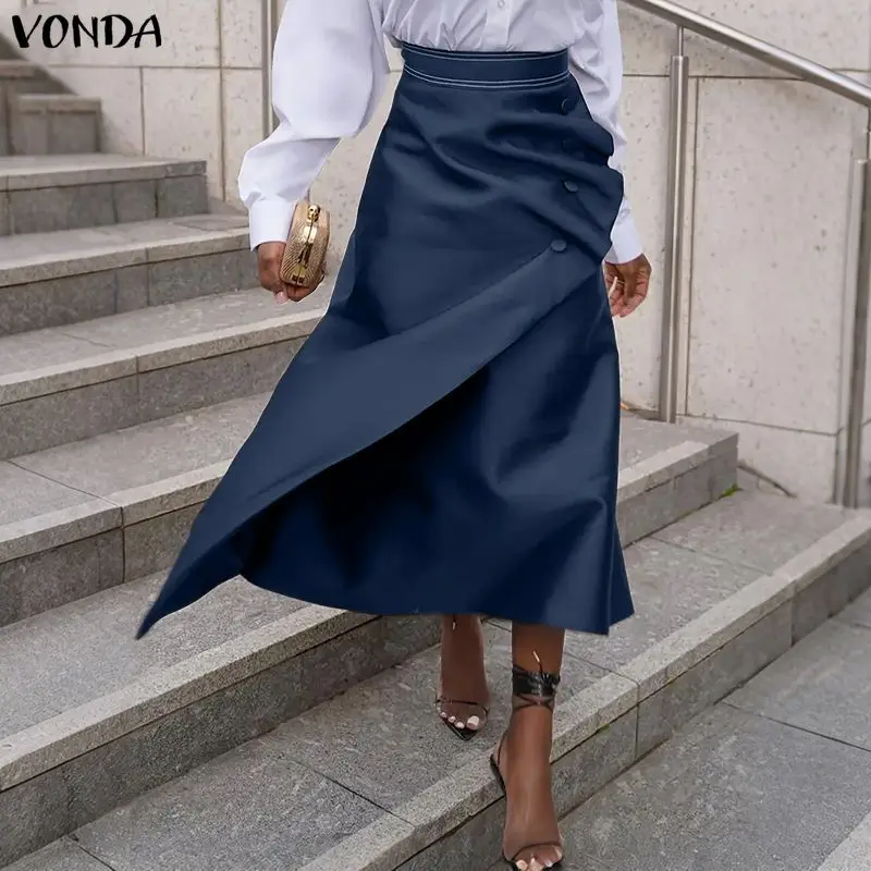 VONDA Elegant Satin Skirts 2026 Summer Women High Waist Button Pleated Asymmetrical Maxi Jupes Fashion Solid Long Faldas Saia