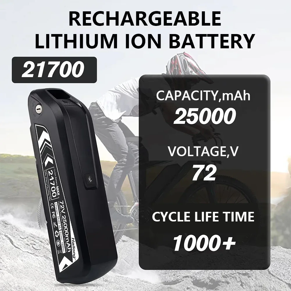 

Hailong 72V 20AH/25AH Lithium Battery Pack 18650/21700 Cells for Electric Mountain Bike Car 1440W/1800W High Capacity + charger