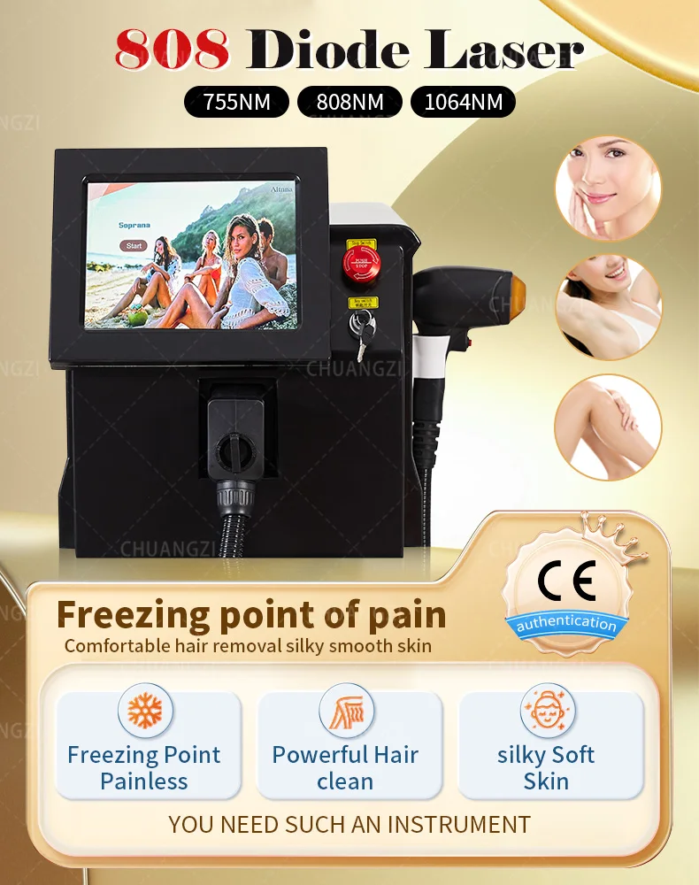 

Hair Removal Beauty Instrument Ice Titanium Equipment 808nm 755 1064 Nanometer Diode lase-r Freezing Painless Machine