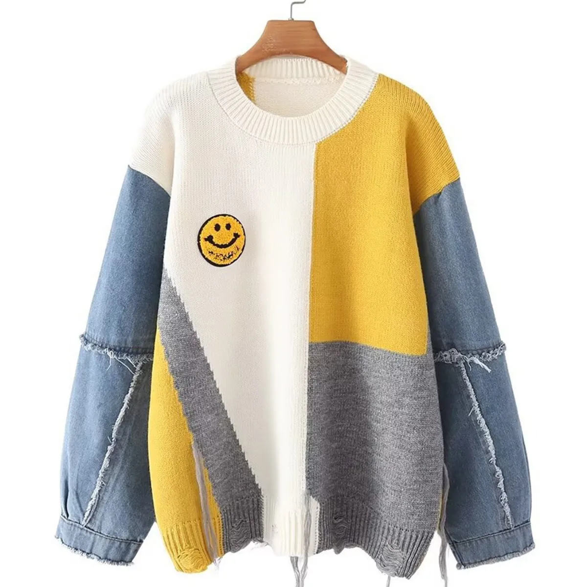 

2023 Autumn/Winter New Loose Denim Panel Contrast Smiling Face Round Neck Long Sleeve Sweater Pullover