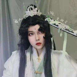 Tian Guan Ci Fu Shi Qingxuan Hair Crown Folding Fan Shi Qing Xuan Black Long Straight Wig Crown Halloween Wig Accessories Anime