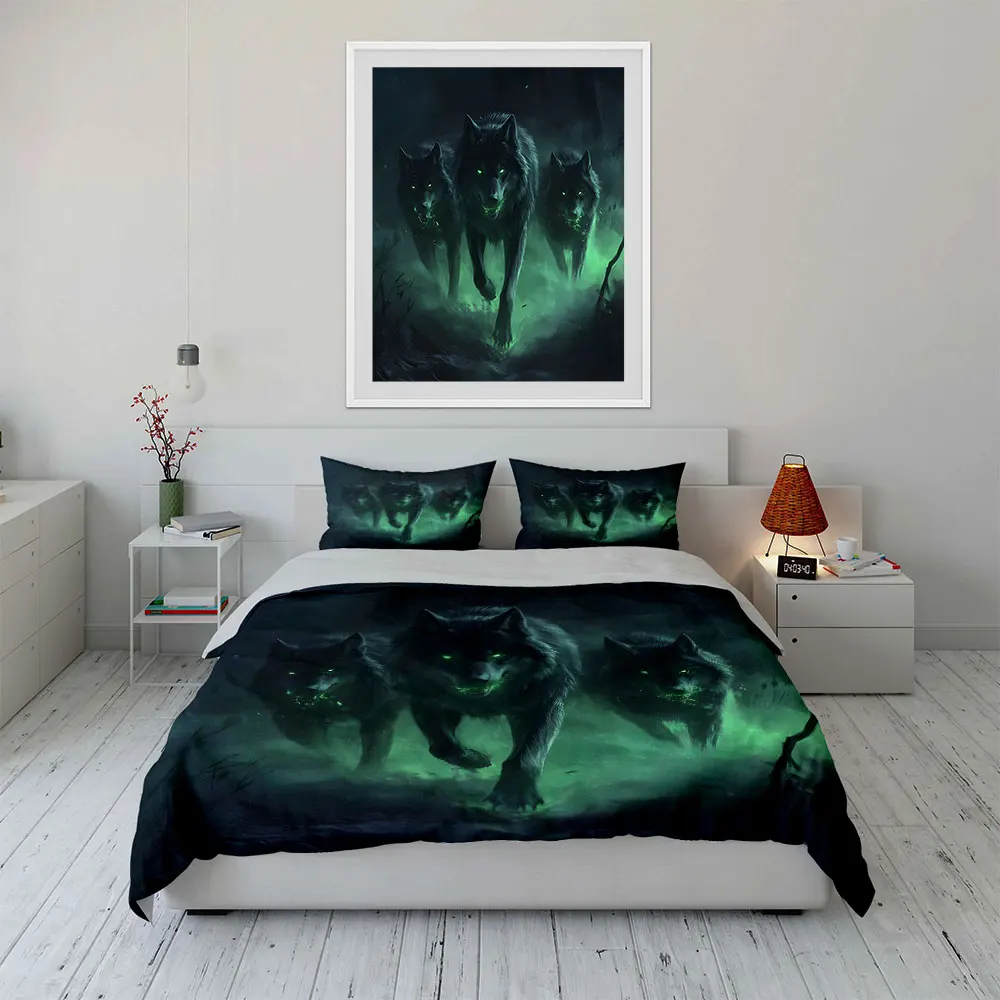 Three Wolves with Green Glow Duvet Cover Set with 3D Printing Design Soft Polyester Bedding Set All-Season Comfort for gifts