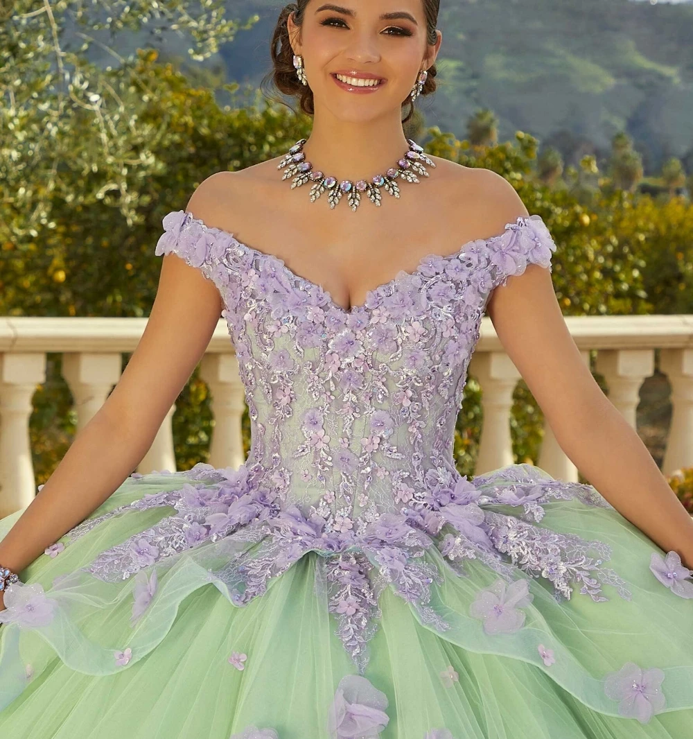 EVLAST-Vestido Quinceanera com flores 3D, vestido de baile azul, Beading Applique, Tule Glitter, Sweet 16, TQD106, 3D