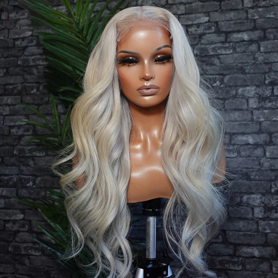 

Preplucked 26“Long Body Wave 180% Density #60 Ash Blonde Lace Front Wig For Black Women With Baby hair Heat Temperature Glueless