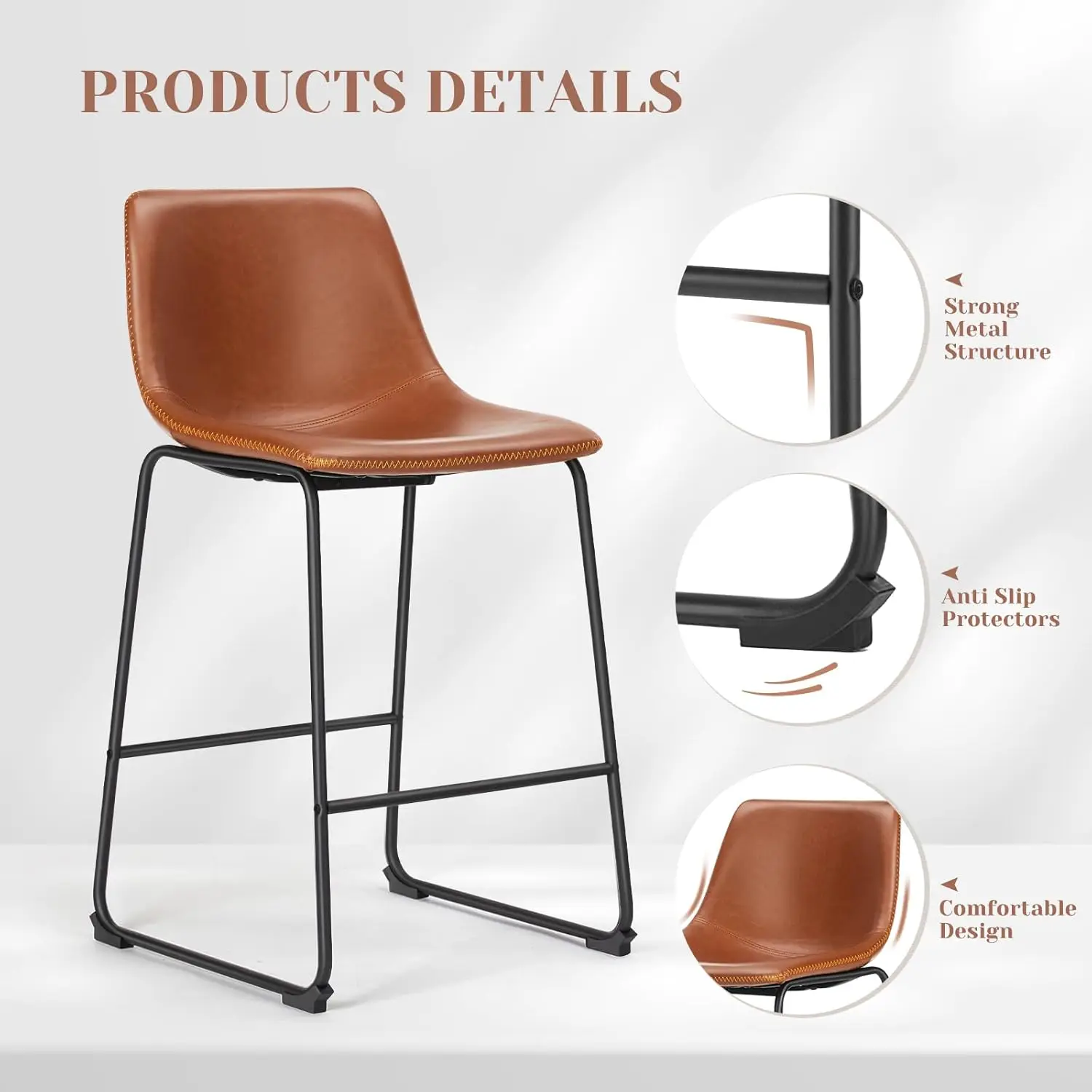 Counter Height Bar Stools Set of 2, 26 inch Leather Barstools Modern Bar Stools with Back