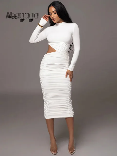 Ahagaga Fashion seksowny klub sukienki z dziurami kobiety regularne Casual solidna O-neck z długim rękawem obcisła, dopasowana elegancka kamizelka szaty