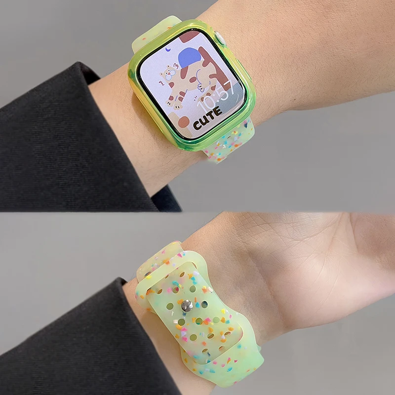 Cute Jelly Color Dot Hole Silicone Strap For Apple Watch 49 45 44 42 41 40 38MM Gradient Case Set For iWatch 9 8 7 6 5 SE Ultra2