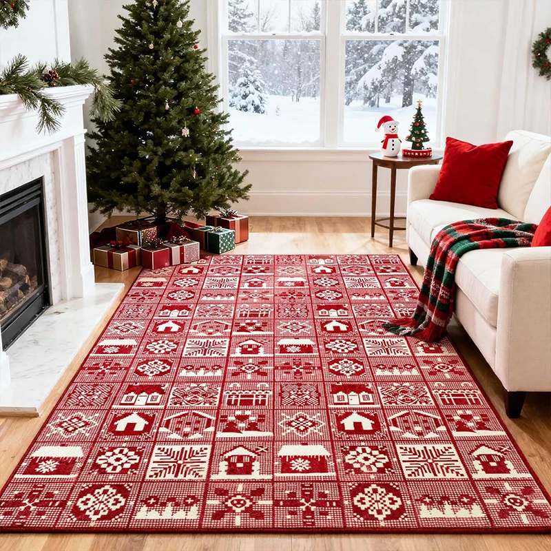 Living Room Rug Non-slip Machine Washable Large Size Soft Comfortable Floor Mat Christmas Snowflake Pattern Home Decor Carpet