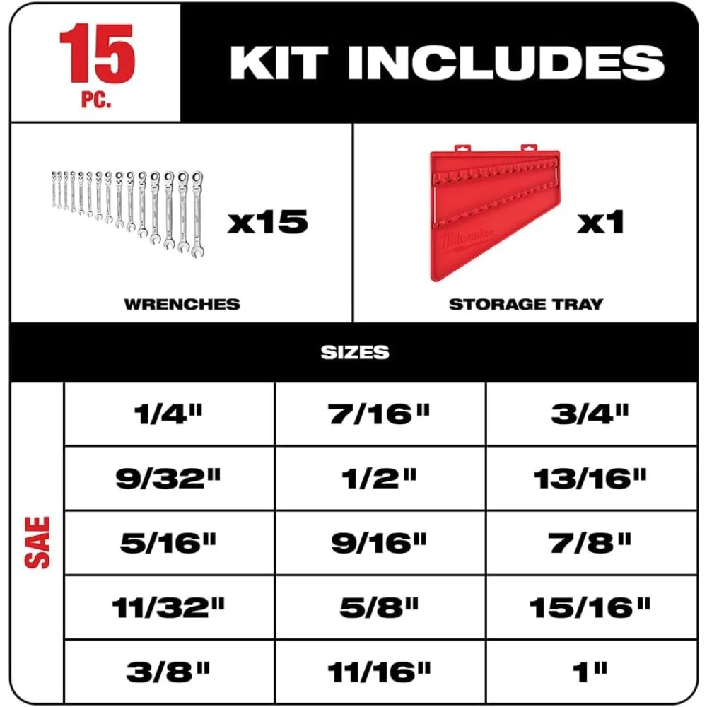 15-teiliges SAE Flex Head Wrench Set