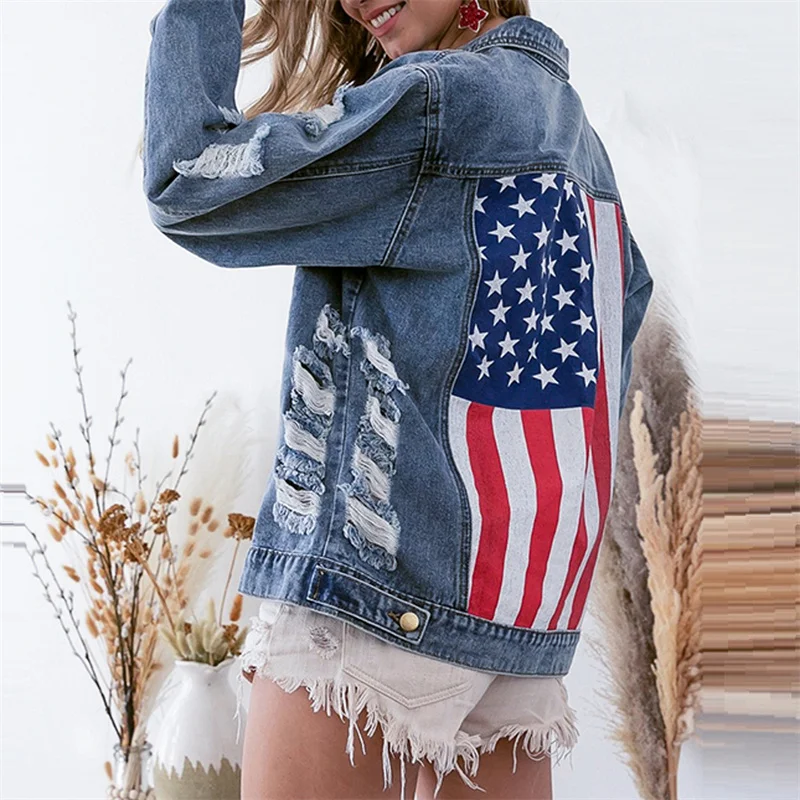 GuliriFei Women Lapel Collar Denim Jackets Long Sleeve Flag Print Button Down Boyfriend Jean Jackets Biker Coat Streetwear 2025