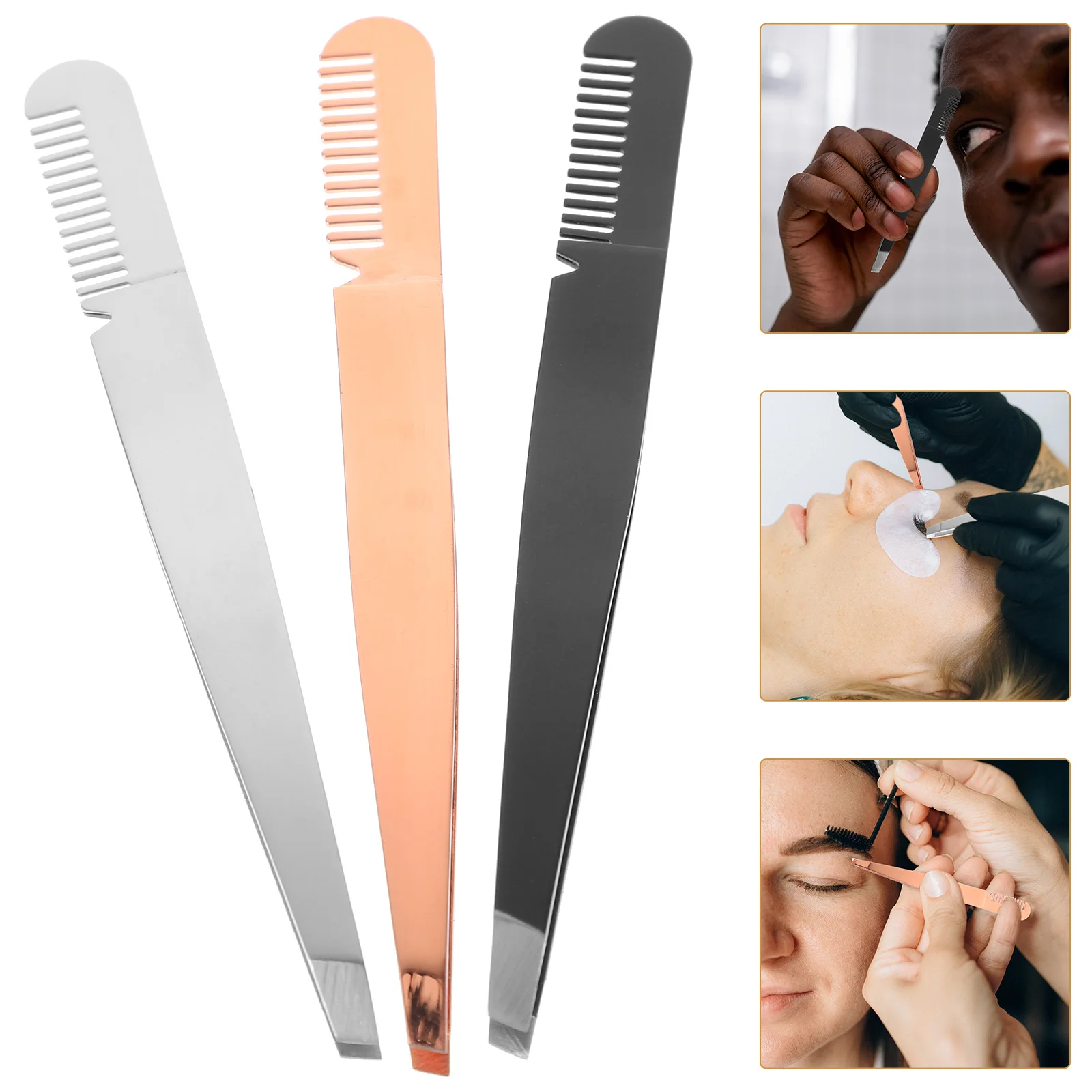 3 szt. 2 w 1 Pęseta-zestaw ze stali nierdzewnej do modelowania brwi, przycinania, podtrzymywania sztucznych rzęs i powiek, narzędzia do makijażu