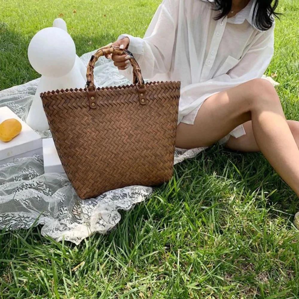 Borsa in tessuto per donna borsa in tessuto di paglia francese retrò Versatile borsa impermeabile di grande capacità borsa da spiaggia per le vacanze