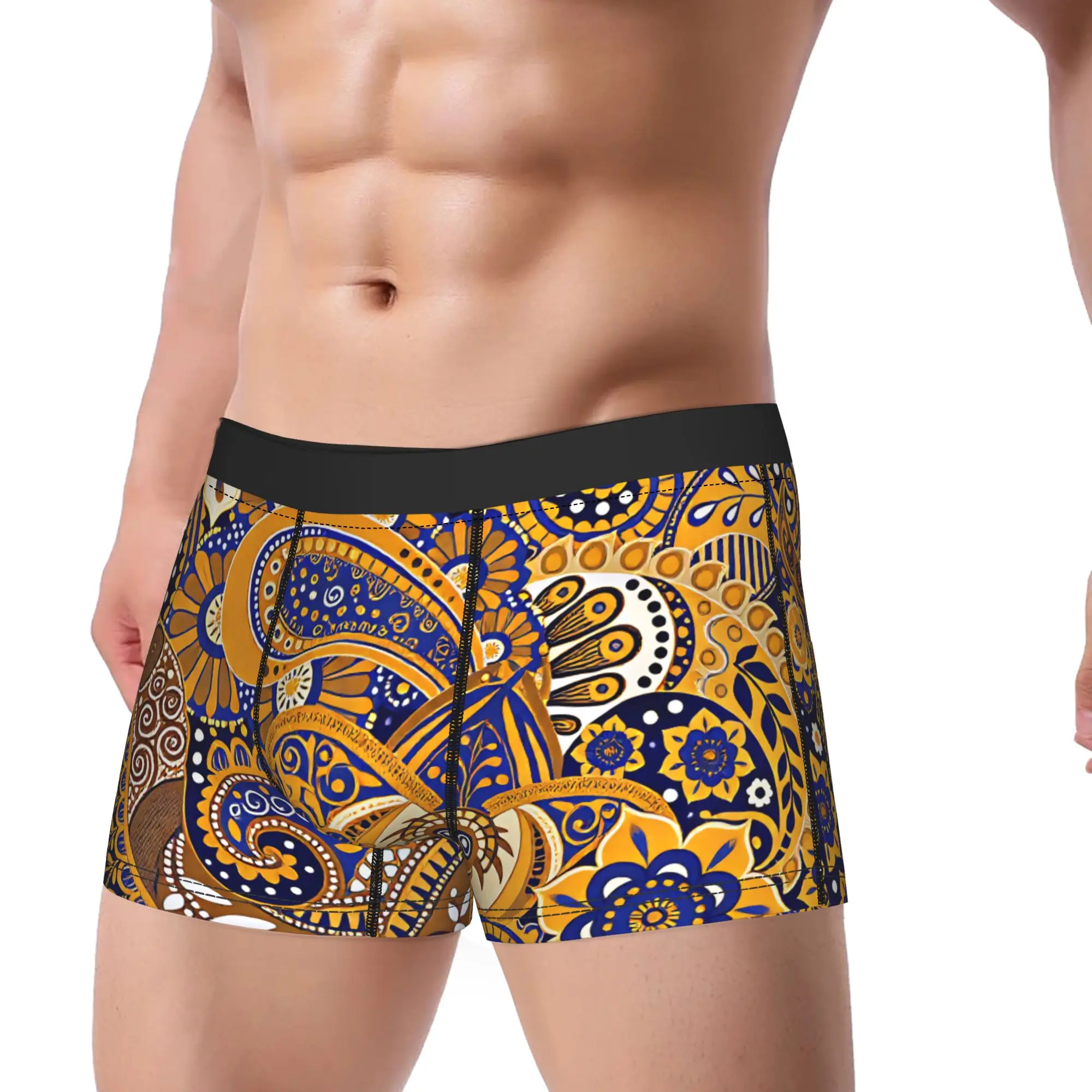 Navy Gold Paisley Floral Underwear  Men's Underpants Custom DIY Sexy Soft Boxer Shorts Trenky Boxer Brief Plus Size 2XL