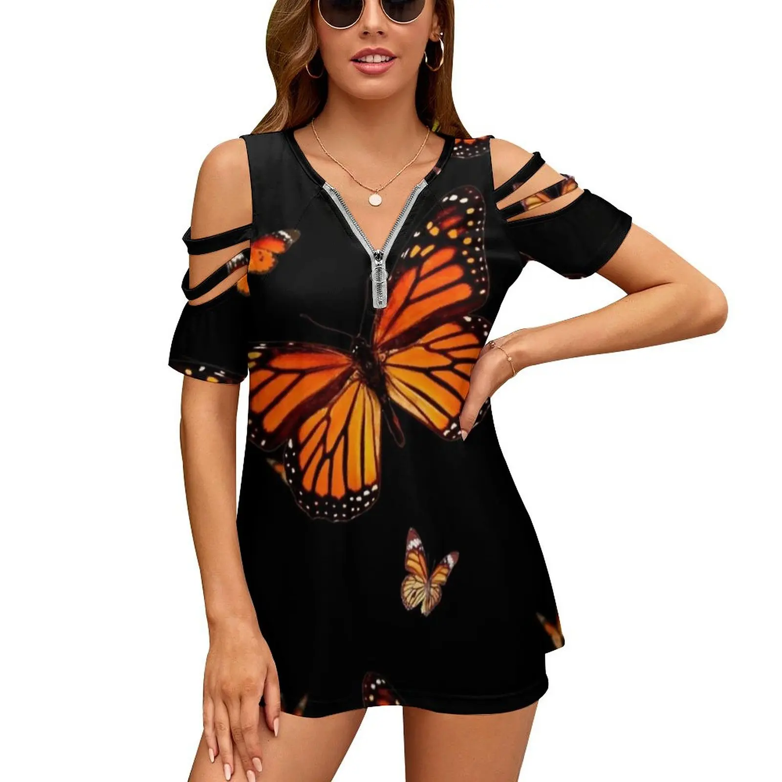 Monarchs Aflutter Women's T-Shirt Summer Fashion Print Floral V-Neck Zipper Tshirt Hollow Pullover Ladies Top Monarch Nature