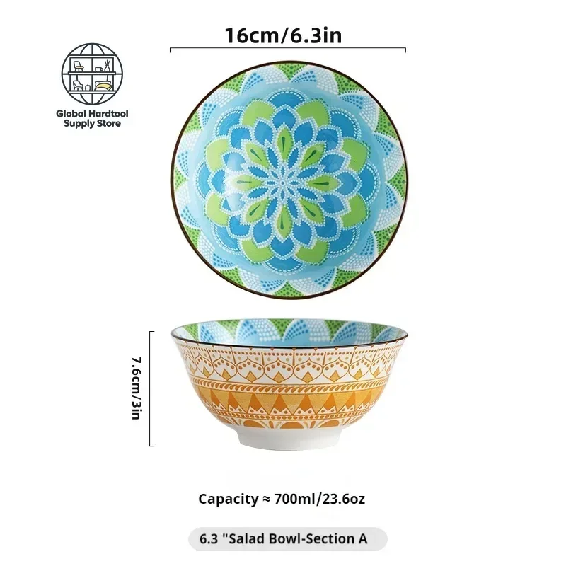 6-Piece Bohemian Ceramic Bowls 6.3 Inch - Large Capacity for Salad, Pasta, Soup, Fruit & Noodles, Microwave/Oven/Dishwasher Safe